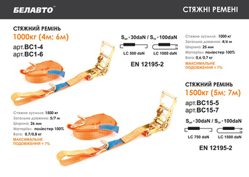 Стяжной ремень BELAUTO BC1-4, 1 т, 4 м
